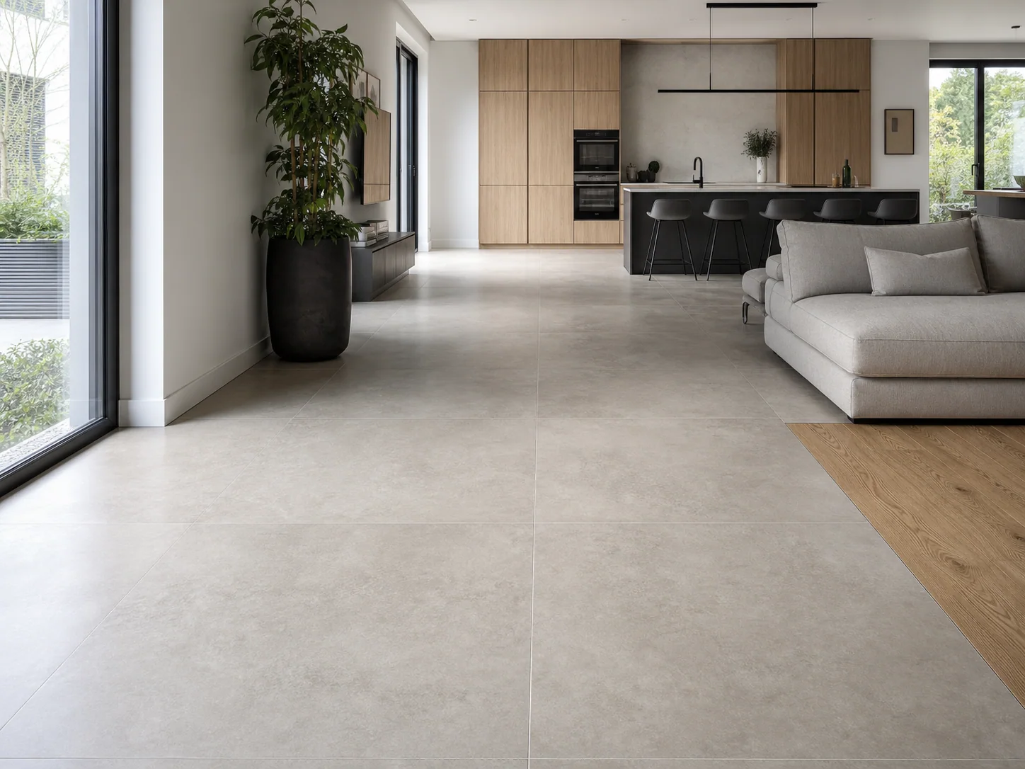 Salon i kuchnia z wielkoformatowym gresem 120×120 cm w Wilanowie